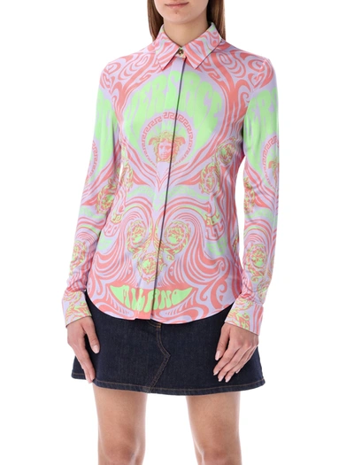 Shop Versace All-over Medusa Music Shirt In Coral + Orchide