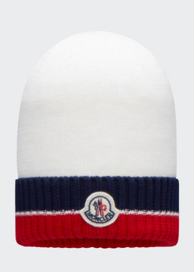 Shop Moncler Kid's Rib-knit Logo Beanie In White