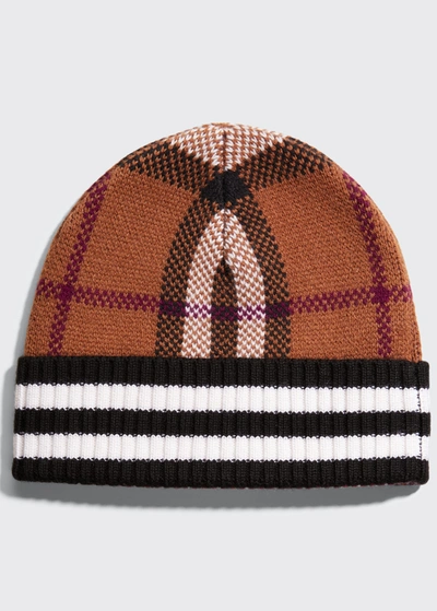 Shop Burberry Men's Cashmere Check Beanie Hat In Dark Birch Brown
