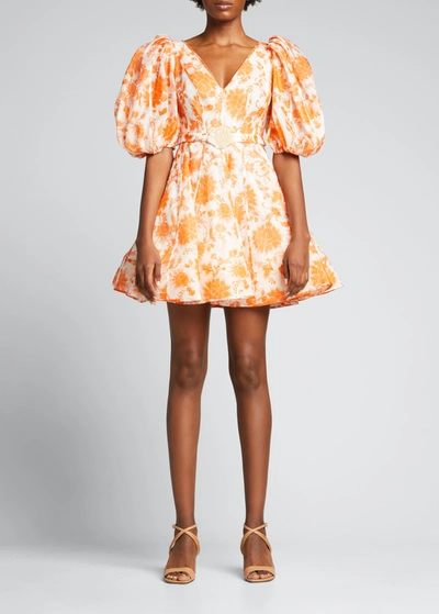 Shop Zimmermann Postcard Puff-sleeve Mini Dress In Orange Tonal Flor