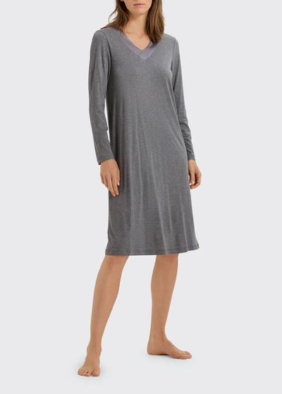 Shop Hanro Jade Long-sleeve Nightgown In Stone Melange