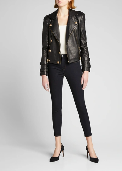 Shop L Agence Billie Belted Leather Jacket In Pacific Blue