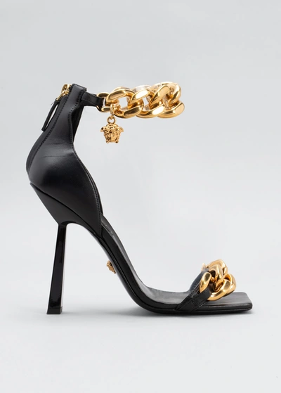 Shop Versace Medusa Chain Leather Sandals In Nero Oro