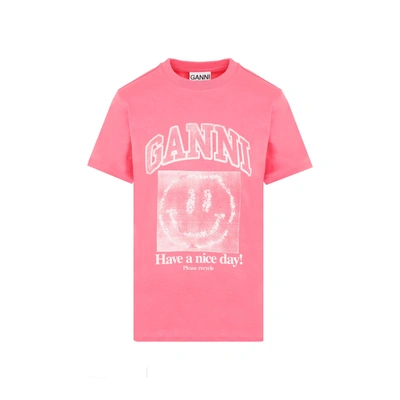 Shop Ganni Cotton Basic T-shirt Tshirt In Pink &amp; Purple