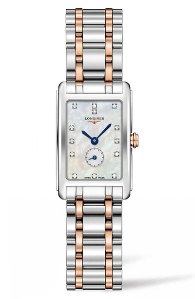 Shop Longines Dolcevita Diamond Bracelet Watch, 20.5mm X 32mm In Silver/ Mop/ Rose Gold