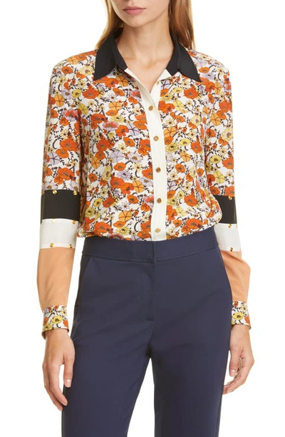 Shop Tory Burch Studded Patchwork Silk Shirt In Ivory Blossom Ditsy