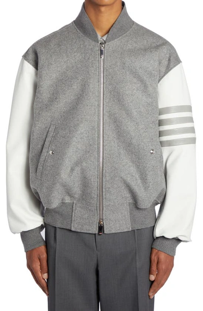 Shop Thom Browne 4-bar Oversize Wool & Leather Bomber Jacket In Medium Grey