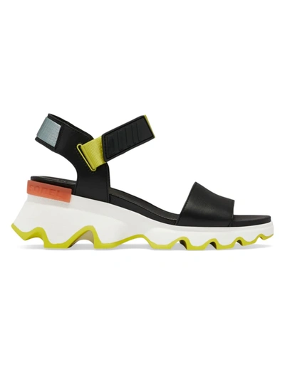 Shop Sorel Kinetic Leather Wedge Sport Sandals In Black Sea Salt