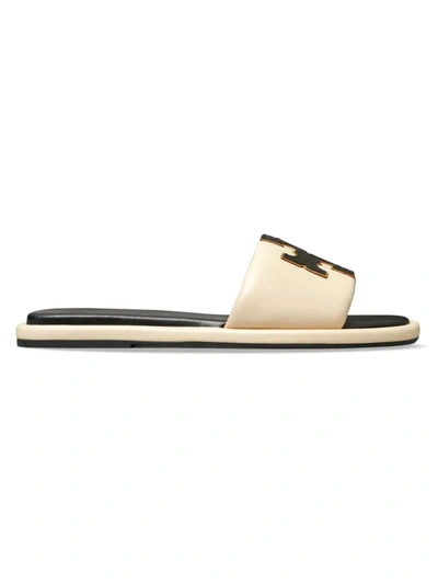 Shop Tory Burch Women's Double-t Monogram Padded Leather Slide Sandals In New Cream