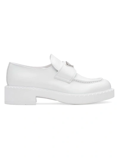 Shop Prada Women's Spazzolato Logo Platform Leather Loafers In Bianco