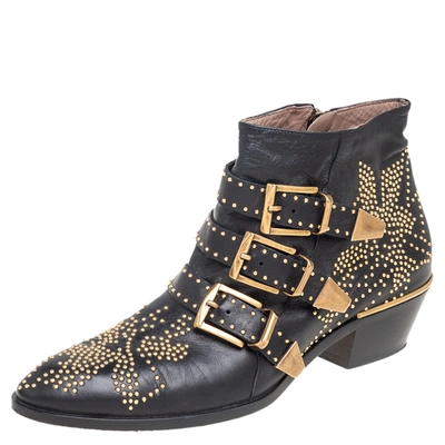 Pre-owned Chloé Black/gold Studded Leather Susanna Ankle Boots Size 38