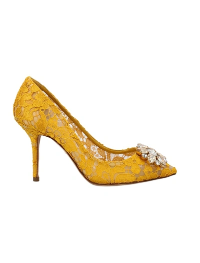 Shop Dolce & Gabbana Taormina Lace With Crystals Pump In Yellow