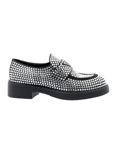 Shop Prada Chocolate Satin Loafers With Crystals In Black