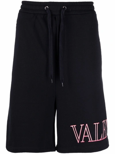 Shop Valentino Dark Blue Logo Printed Drop-crotch Shorts