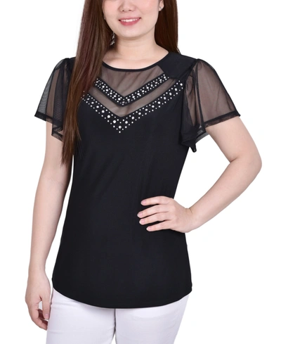 Ny Collection Petite Size Studded Short Flutter Sleeve Top In Black