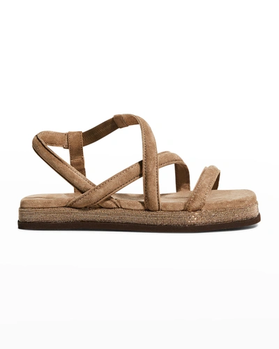 Shop Brunello Cucinelli Monili Strappy Suede Slingback Sandals In Light Brown