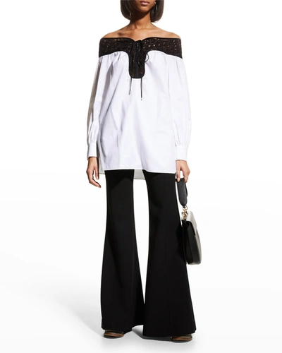 Shop Gabriela Hearst Augustin Off-the-shoulder Lace-up Blouse W/ Lace Trim - Bci Cotton In White