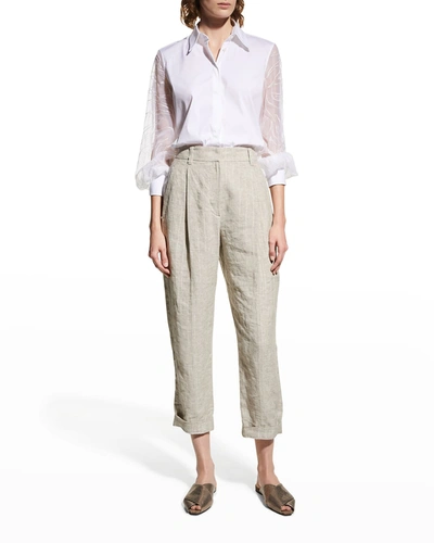 Shop Brunello Cucinelli Pinstripe Straight-leg Crop Linen Pants In C001 Pearl