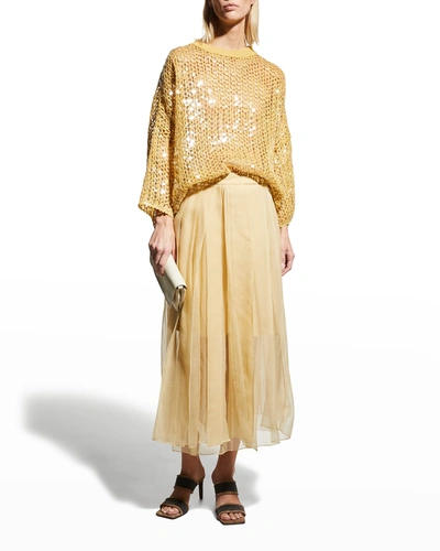 Shop Brunello Cucinelli Pleated Silk Chiffon Midi Skirt In C8237 Lemon