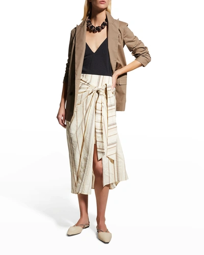 Shop Brunello Cucinelli Striped Knot-front Cotton-linen Midi Skirt In C3424 Seashell