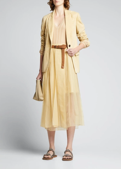 Shop Brunello Cucinelli Pleated Silk Chiffon Midi Skirt In C8237 Lemon