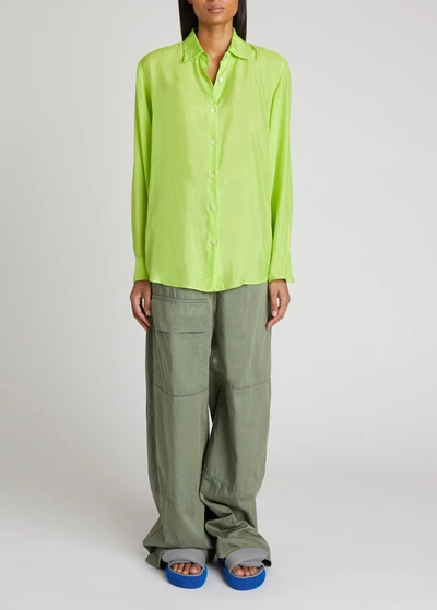 Shop Dries Van Noten Silk Pongee Collared Shirt In Neon Green