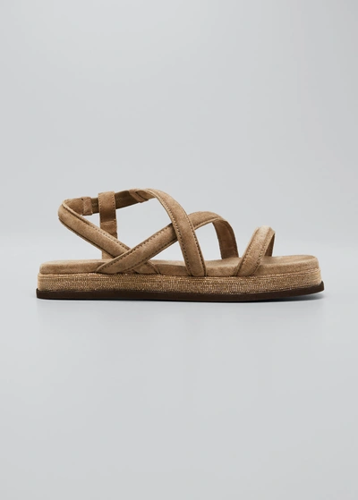 Shop Brunello Cucinelli Monili Strappy Suede Slingback Sandals In Light Beige