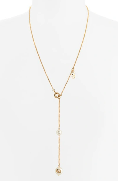 Shop Valentino Garavani Vlogo Imitation Pearl Y-necklace In Gold/ Pearl