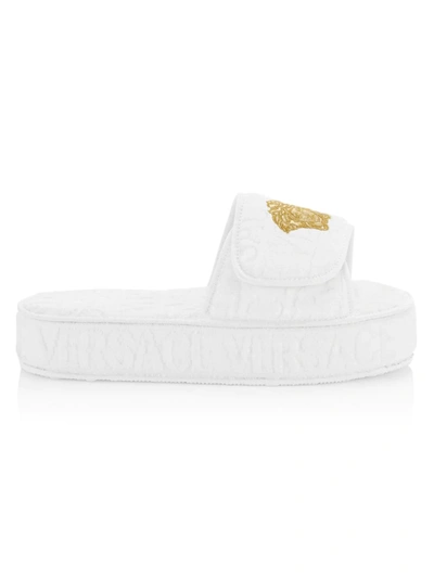 Shop Versace Women's Logo Jacquard Medusa Slippers In White