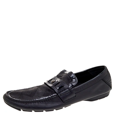 Pre-owned Versace Black Patent Leather And Signature Canvas Medusa Detail Slip On Loafers Size 44