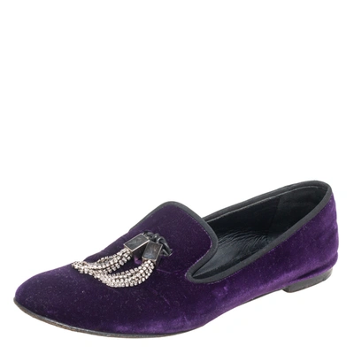 Pre-owned Giuseppe Zanotti Purple Velvet Embellished Slip On Loafers Size 38
