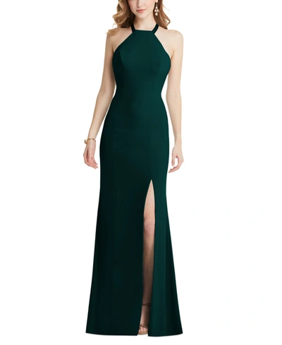 Shop After Six High-neck Slit-front Halter Dress In Evergreen