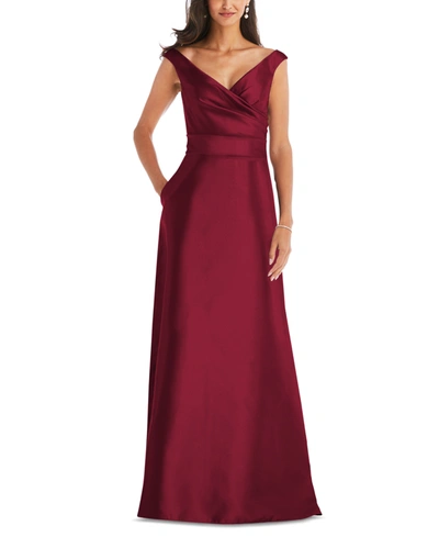 Shop Alfred Sung Off-the-shoulder Satin Gown In Burgundy