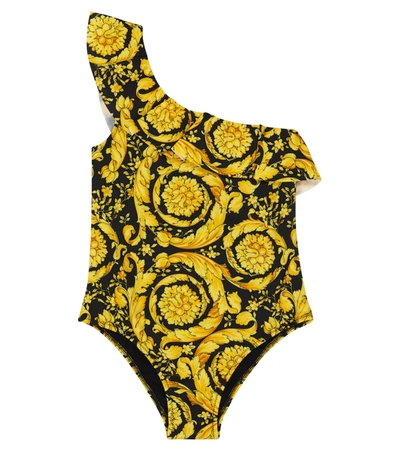 Shop Versace Ruffle-trimmed One-shoulder Swimsuit In Nero+oro