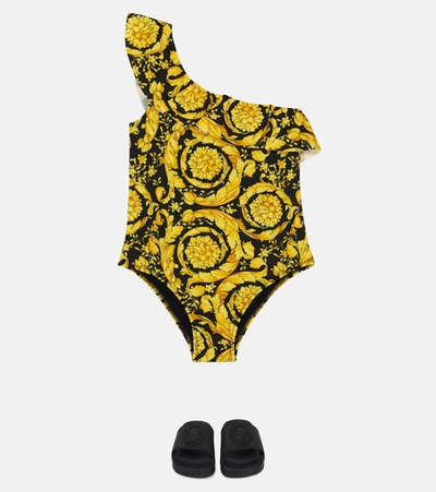 Shop Versace Ruffle-trimmed One-shoulder Swimsuit In Nero+oro