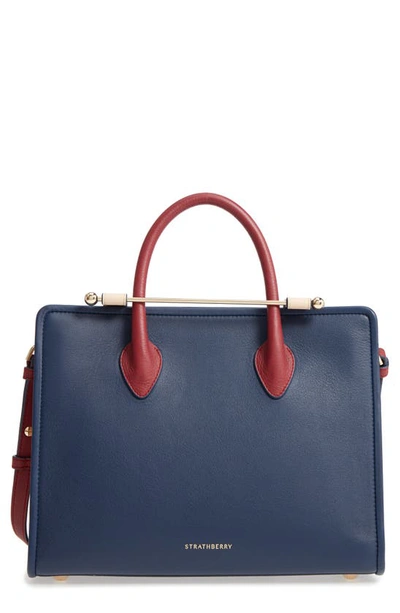 Shop Strathberry Tricolor Midi Leather Tote In Navy/ Sand/ Ember