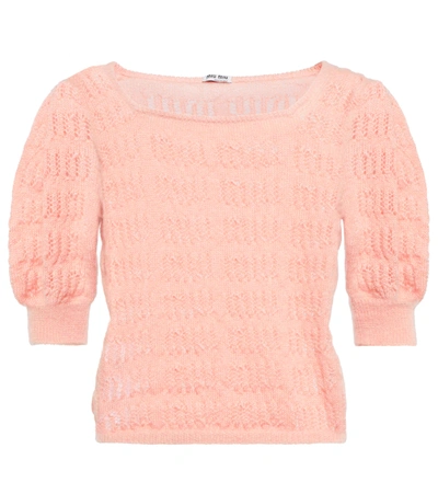 Miu Miu Openwork-knit Cropped Puff-sleeve Top In Cipria