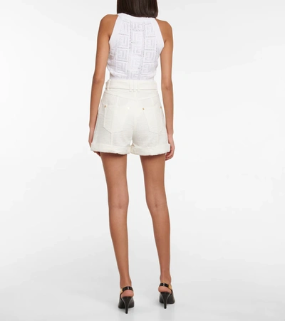 Shop Balmain High-rise Denim Shorts In Blanc