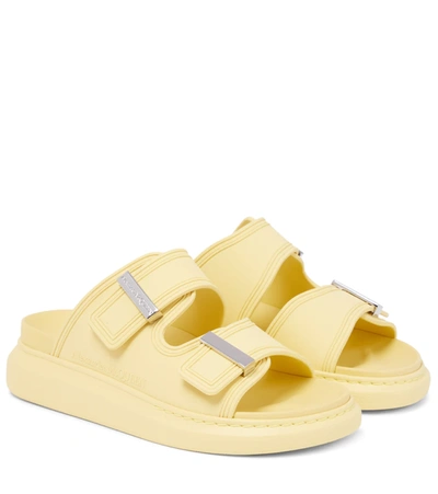Shop Alexander Mcqueen Logo Buckled Rubber Slides In Pale Yellow/silver