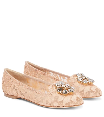 Shop Dolce & Gabbana Vally Embellished Lace Flat Shoes In Albicocca