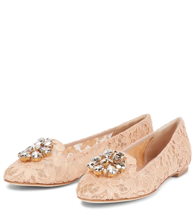 Shop Dolce & Gabbana Vally Embellished Lace Flat Shoes In Albicocca