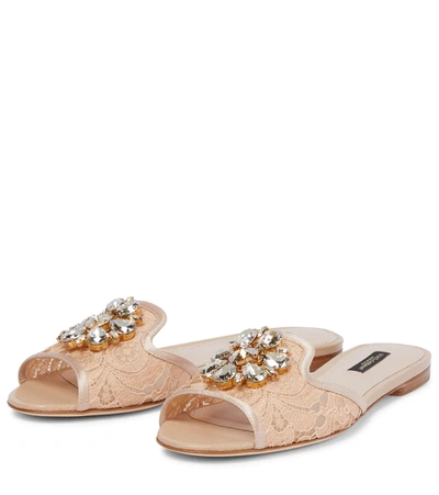 Shop Dolce & Gabbana Bianca Embellished Lace Slides In Albicocca