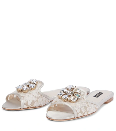 Shop Dolce & Gabbana Bianca Embellished Lace Slides In Chiaccio