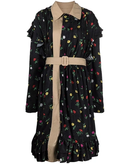 Balenciaga Reversible Black Flowers Trench Coat In Schwarz