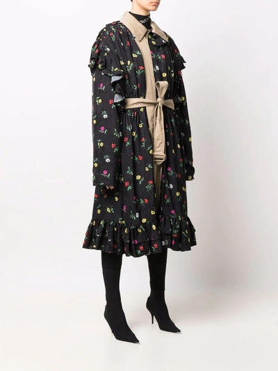 Balenciaga Reversible Black Flowers Trench Coat In Schwarz