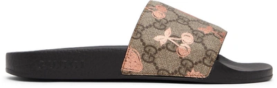 Shop Gucci Beige Berry Print Slides In 8291 Beige Ebony-lt