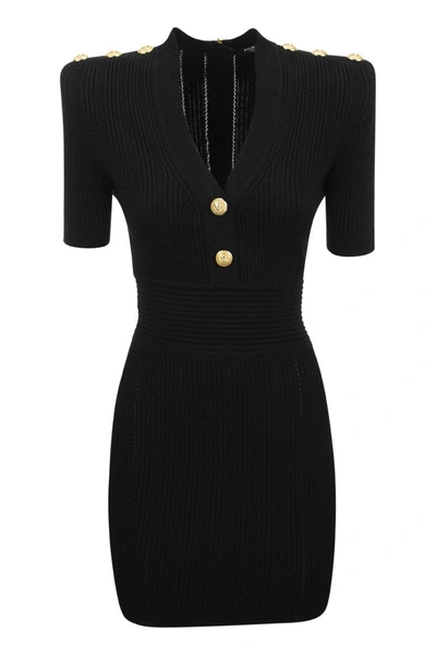 Shop Balmain Knitted Dress With Buttons In Black