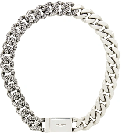 Shop Saint Laurent Silver Rhinestone Curb Chain Necklace In 8368 Silver Oxide/cr