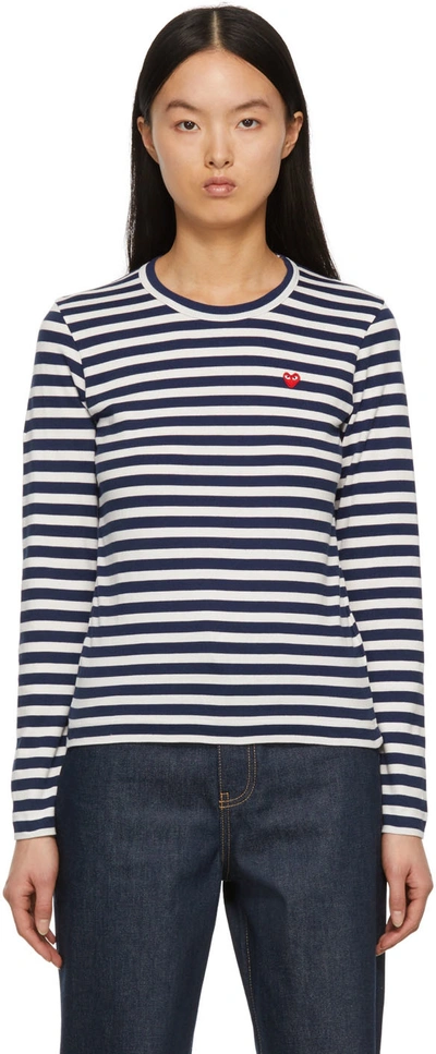 Shop Comme Des Garçons Play Navy & White Striped Small Heart Patch Long Sleeve T-shirt In Navy/white
