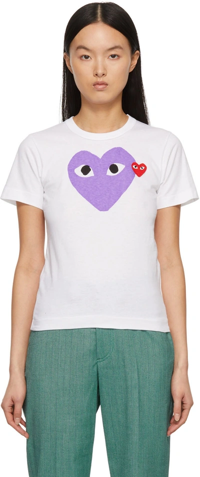 Shop Comme Des Garçons Play White & Purple Large Double Heart T-shirt